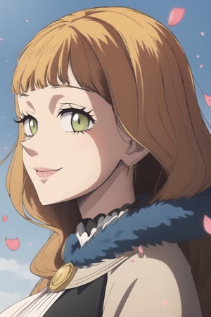 Black Clover Mimosa Vermillion, green eyes, orange hair, beautiful smile, big breasts, medium close up shot, high definition, high quality, anime style, looking at viewer, standing, beautiful, portrait, sky with petals in the background

