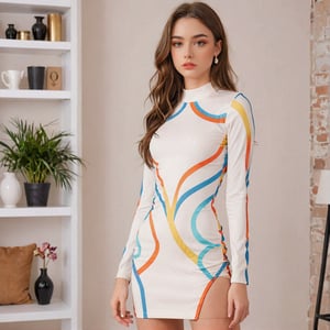 Full realistic photo from far of a stylish young woman with large, captivating eyes, thick eyebrows, a strong jawline, high cheekbones, and a natural complexion. Her hair is in loose waves. slim boned, long limbed, lithe and with very little body fat and little muscle .Highlighting her as a modern, approachable virtual influencer
Weared multicolored bodycon dress, white heels 
Standing in modeling white room 