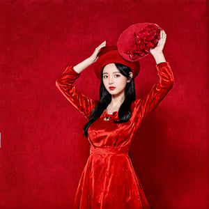 1girl, solo, looking at viewer, simple background, black hair, long sleeves, hat, dress, ((holding lotus:0.5)), standing, red dress, red headwear, red background, red theme, ao_tac,beauty