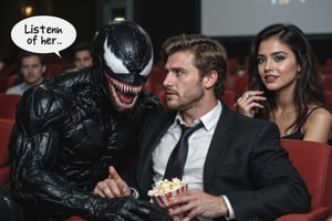 A satirical candid illustration of a scene inside a cinema. Venom is shutting Eddie's mouth while Eddie is holding a popcorn. Eddie's girlfriend is talking to him. Venom is saying to Eddie in bubble text "Listen to her". The background is a cinema with seats and a screen.,RAW,venomstroke