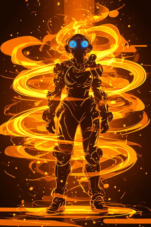 In a gritty, industrial backdrop with warm, glowing kunangkuning hues, Bobotflux, the futuristic warrior, stands tall, exuding confidence. His high-tech armor gleams with intricate golden details, while round goggles reflect blue light in a faiya style. Swirling flames encircle his arms in fiery arcs, as he assumes a determined pose. The intense lighting accentuates his resolute expression and the metallic sheen of his armor, conveying dynamic motion and power.,Fantasy detailers,Fantasy detailers 