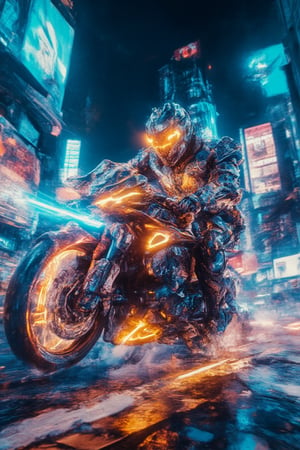 A low-angle shot captures a futuristic kamen rider Bobotflux armored warrior riding on a bike,reda tall amidst a cyberpunk cityscape at night. The warrior's glowing blue and orange armor design radiates energy as he firmly grips his charged blue sword, reflecting vibrant neon lights from the city below. Harsh lighting accentuates the metallic surface, while blurred billboards and city lights in the background create a focused frame on the warrior's determined stance. Amidst this futuristic landscape, the neon-lit night sky shines bright, casting a mesmerizing glow over the scene.,,