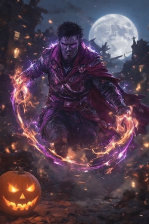  A intense mystical figure inspired by Doctor Strange floats above a haunted, gothic city on Halloween night, his flowing cape billowing around him. His hands glow with swirling orange and purple energies, forming intricate magical symbols in the air. The character’s eyes shimmer with a ghostly light as he channels powerful spells, the soft glow of Jack-o'-lanterns reflecting off his armor, which is subtly adorned with cobwebs and eerie engravings. The full moon casts an eerie blue light over the cobblestone streets, while mist swirls around his feet, adding to the supernatural atmosphere. The air crackles with energy as the figure hovers, casting protective spells and preparing for battle against unseen forces. The scene is bathed in rich purples, oranges, and deep blacks, with the glowing symbols and magical runes creating a haunting, yet awe-inspiring Halloween ambiance.,RAW