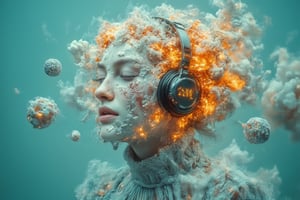 Full potrait of beautiful akak as a surreallofi girl with a headset, floating elegantly in themidst of cloudy mist, advertising photography style