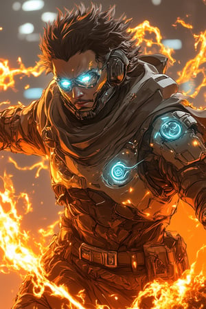 A futuristic Bobotflux,warrior stands confidently, wearing high-tech armor with intricate golden details, and round goggles reflecting blue light in faiya style. He wields swirling, vibrant flames that encircle his arms in fiery arcs. The scene is set in an industrial, slightly blurred background with warm, glowing tones. The intense lighting highlights the character's determined expression and the sleek, metallic texture of his armor, giving the image a sense of dynamic motion and powe,,Fantasy detailers,Fantasy detailers 