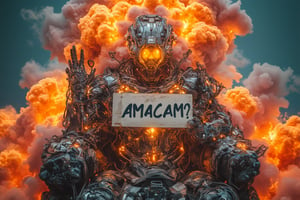 Full body Bobotflux humanoid robot in a style of cloudy fused with cybernetic hacker,surreallofi sitting in his thrones while holding a sign "AMACAM?", surreal.