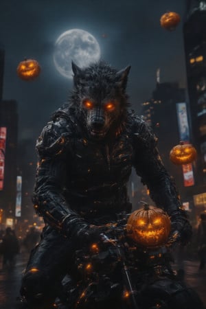 A cybernetic werewolf rides through a distopi futuristic city at night, bathed in neon lights and surrounded by glowing pumpkins. The werewolf's body is a fusion of fur and metal, with glowing circuits running along its limbs, and its glowing red eyes locked in a focused, menacing gaze. It balances on a high-tech, sleek hover-bike, the wheels replaced with energy disks. The cybernetic claws grip the handlebars while it juggles holographic pumpkin heads that float eerily around it, emitting a digital, glitchy glow. The streets are lined with spectators, amazed and horrified by this hybrid of technology and primal fury, all set against a backdrop of towering skyscrapers and floating advertisements. The full moon hangs low in the sky, casting an eerie blue glow over the scene, reflecting off the cybernetic parts of the werewolf's body, creating a blend of spooky Halloween vibes and futuristic cyberpunk atmosphere,RAW