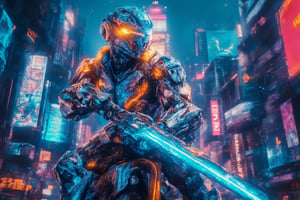 A low-angle shot captures a futuristic kamen rider Bobotflux armored warrior riding on a bike,reda tall amidst a cyberpunk cityscape at night. The warrior's glowing blue and orange armor design radiates energy as he firmly grips his charged blue sword, reflecting vibrant neon lights from the city below. Harsh lighting accentuates the metallic surface, while blurred billboards and city lights in the background create a focused frame on the warrior's determined stance. Amidst this futuristic landscape, the neon-lit night sky shines bright, casting a mesmerizing glow over the scene.,,