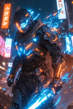 A low-angle shot captures a futuristic Bobotflux armored warrior standing tall amidst a cyberpunk cityscape at night. The warrior's glowing blue and orange armor design radiates faiya energy as he firmly grips his charged blue sword, reflecting vibrant neon lights from the city below. Harsh lighting accentuates the metallic surface, while blurred billboards and city lights in the background create a focused frame on the warrior's determined stance. Amidst this futuristic landscape, the neon-lit night sky shines bright, casting a mesmerizing glow over the scene.,,