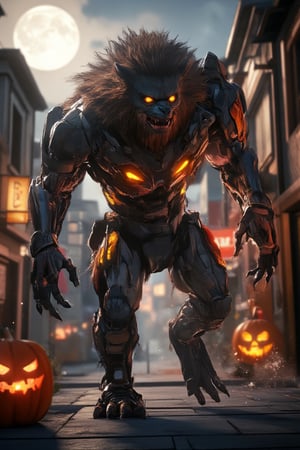 On a dark, mist-filled ,intense Halloween night, a sticker-like towering cybernetic werewolf prowls through a shadowy alley, its glowing yellow eyes piercing through the fog. Its body is a fusion of primal strength and futuristic technology, with sleek metallic limbs and armor that flickers with eerie orange lights. Sharp, claw-like appendages extend from its mechanical hands, sparking occasionally as the creature readies itself for battle. Jack-o'-lanterns, flickering in the distance, cast a soft, warm glow across the alley, while the full moon looms high in the sky, bathing the scene in pale light. The contrast between the werewolf's matted fur and gleaming metal creates a fearsome and otherworldly presence, blending the classic Halloween monster with a futuristic twist. The air is thick with tension as the creature stalks its prey, ready to unleash both primal rage and advanced technology on this haunted night.,