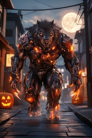 On a dark, mist-filled ,intense Halloween night, a sticker-like towering cybernetic werewolf prowls through a shadowy alley, its glowing yellow eyes piercing through the fog. Its body is a fusion of primal strength and futuristic technology, with sleek metallic limbs and armor that flickers with eerie orange lights. Sharp, claw-like appendages extend from its mechanical hands, sparking occasionally as the creature readies itself for battle. Jack-o'-lanterns, flickering in the distance, cast a soft, warm glow across the alley, while the full moon looms high in the sky, bathing the scene in pale light. The contrast between the werewolf's matted fur and gleaming metal creates a fearsome and otherworldly presence, blending the classic Halloween monster with a futuristic twist. The air is thick with tension as the creature stalks its prey, ready to unleash both primal rage and advanced technology on this haunted night.,