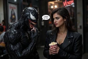 Candid photography, a venom shutting eddie's mouth, holding a popcorn while his girlfriend talking to him, venom says to eddie, in bubble text " Listen to her", satirical, inside a cinema, poster with a title "Venom at the cinemas,venomstroke,RAW