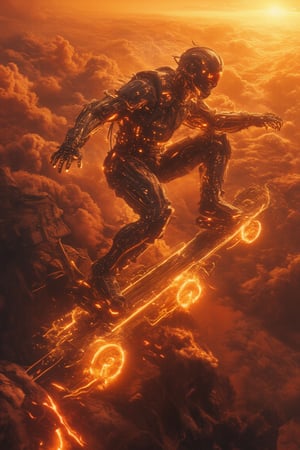 Full body shot photo of A majestic cybernetic Bobotflux skateboarder with radiant holographic limbs arcs off a sleek ramp, soaring through a futuristic cloudscape at Sunset. From a high-angle aerial vantage, the camera captures the robot's glowing body and vibrant trails left by the skateboard, as golden light bathes its frame. Wheels ablaze, the robot bursts forth in dynamic motion. Holographic city towers and distopi wisps blur in the background, emphasizing the acrobatic feat. The serene sunset sky complements the calm-yet-dynamic atmosphere.,