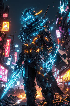 A low-angle shot captures a futuristic Bobotflux armored warrior standing tall amidst a cyberpunk cityscape at night. The warrior's glowing blue and orange armor design radiates faiya energy as he firmly grips his charged blue sword, reflecting vibrant neon lights from the city below. Harsh lighting accentuates the metallic surface, while blurred billboards and city lights in the background create a focused frame on the warrior's determined stance. Amidst this futuristic landscape, the neon-lit night sky shines bright, casting a mesmerizing glow over the scene.,,