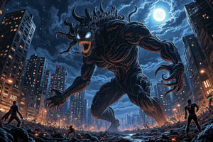 In a desolate urban BatikPattern landscape bathed in sickly moonlight, a behemoth venomstroke Venom emerges, its grotesque body a twisted amalgamation of dark, slimy tendrils and jagged scales. The creature's razor-sharp fangs glint menacingly as it stalks through the ravaged cityscape, crushing skyscrapers beneath its colossal form like an urban juggernaut, leaving a trail of devastation and chaos in its wake.,