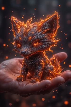  A smallfireanimal resembling a fox, with fiery fur and intricate Fantasy detailers etched into its form, rests gently in a hand. Tiny roborobo android sparks float around it, enhancing the magical atmosphere as the flames flicker softly.