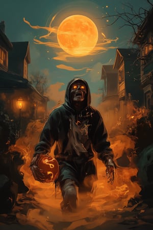 A haunting kunangkuning Halloween scene: A fog-shrouded Victorian street is bathed in an eerie orange glow from flickering Jack-o'-lanterns and dim lamps. A decaying zombie figure emerges, its ragged, tattered clothing stark against the misty backdrop. Its skin hangs in grotesque patches, revealing rotting flesh and bone underneath. The zombie's hollow, glowing eyes pierce through the fog, illuminated by a glowing pumpkin it carries, casting ominous shadows on its decayed face.Cobweb-covered houses loom in the distance, their windows adorned with eerie decorations. The streets are lined with fallen leaves and decaying decorations. A full moon casts a cold, ghostly glow above, as fog swirls around the zombie's feet. The sound of slow, dragging footsteps echoes through the quiet night, as the zombie's ghastly figure blends into the spooky atmosphere, exuding an overwhelming sense of dread. A faint moaning fills the air, as if the very essence of Halloween has come to life.