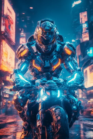 A low-angle shot captures a futuristic kamen rider Bobotflux armored warrior riding on a bike,reda tall amidst a cyberpunk cityscape at night. The warrior's glowing blue and orange armor design radiates energy as he firmly grips his charged blue sword, reflecting vibrant neon lights from the city below. Harsh lighting accentuates the metallic surface, while blurred billboards and city lights in the background create a focused frame on the warrior's determined stance. Amidst this futuristic landscape, the neon-lit night sky shines bright, casting a mesmerizing glow over the scene.,,