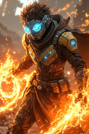 A futuristic Bobotflux,warrior stands confidently, wearing high-tech armor with intricate golden details, and round goggles reflecting blue light in faiya style. He wields swirling, vibrant flames that encircle his arms in fiery arcs. The scene is set in an industrial, slightly blurred background with warm, glowing tones. The intense lighting highlights the character's determined expression and the sleek, metallic texture of his armor, giving the image a sense of dynamic motion and powe,,Fantasy detailers,Fantasy detailers 