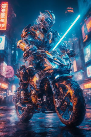 A low-angle shot captures a futuristic kamen rider Bobotflux armored warrior riding on a bike,reda tall amidst a cyberpunk cityscape at night. The warrior's glowing blue and orange armor design radiates energy as he firmly grips his charged blue sword, reflecting vibrant neon lights from the city below. Harsh lighting accentuates the metallic surface, while blurred billboards and city lights in the background create a focused frame on the warrior's determined stance. Amidst this futuristic landscape, the neon-lit night sky shines bright, casting a mesmerizing glow over the scene.,,