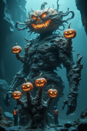 In a mist-filled underground cave, a massive, intricately designed bajukertas Halloween watermodel monster looms with a giant, glowing pumpkin head and a twisted, dead tree-like body. The soft, eerie light casts long shadows, adding to the hazy atmosphere. The monster’s body is adorned with glowing gears, tubes, and claw-like appendages, each casting a soft, spooky glow. At the bottom, a group of divers with a vintage diving bell observes the monster from a safe distance, hinting at a treasure-hunting expedition turned nightmare. In the foreground, a close-up of a strange, human-like hand shows each finger transformed into tiny, expressive Halloween pumpkins. Each finger sports a unique face, with one smiling, another frowning, a third showing surprise, and others pouting or whistling. The detailed features include lips, teeth, and tiny, playful tongues. The hand stands out against a simple, neutral background, adding a touch of humor and cuteness to this eerie, Halloween-themed scene.,