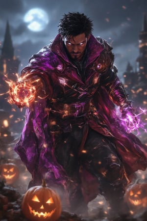  A intense mystical figure inspired by Doctor Strange floats above a haunted, gothic city on Halloween night, his flowing cape billowing around him. His hands glow with swirling orange and purple energies, forming intricate magical symbols in the air. The character’s eyes shimmer with a ghostly light as he channels powerful spells, the soft glow of Jack-o'-lanterns reflecting off his armor, which is subtly adorned with cobwebs and eerie engravings. The full moon casts an eerie blue light over the cobblestone streets, while mist swirls around his feet, adding to the supernatural atmosphere. The air crackles with energy as the figure hovers, casting protective spells and preparing for battle against unseen forces. The scene is bathed in rich purples, oranges, and deep blacks, with the glowing symbols and magical runes creating a haunting, yet awe-inspiring Halloween ambiance.,RAW