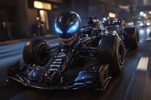 Racing lines blurred, tires screeching on asphalt, magicalchalk Venom's symbiote- enhanced F1 car hurtles down the darkened track, neon lights strobing like razor-sharp claws across his menacing visage. Black racing gear glistens with sweat as he grips the wheel, tendrils snaking around the carbon fiber chassis to amplify speed and power. The nighttime atmosphere is electric, casting dramatic shadows on Venom's imposing figure as he takes the lead in a frenzy of high-octane action.,badass3d