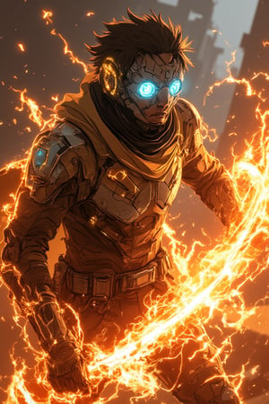 A futuristic Bobotflux,warrior stands confidently, wearing high-tech armor with intricate golden details, and round goggles reflecting blue light in faiya style. He wields swirling, vibrant flames that encircle his arms in fiery arcs. The scene is set in an industrial, slightly blurred background with warm, glowing tones. The intense lighting highlights the character's determined expression and the sleek, metallic texture of his armor, giving the image a sense of dynamic motion and powe,,Fantasy detailers,Fantasy detailers 