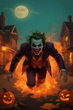 A haunting kunangkuning Halloween scene: A fog-shrouded Victorian street is bathed in an eerie orange glow from flickering Jack-o'-lanterns and dim lamps. The aurastroke Joker's menacing figure emerges, his purple suit stark against the misty backdrop. His twisted grin is illuminated by a glowing pumpkin as he prowls, his wild green hair and grotesque makeup giving him an otherworldly presence. Cobweb-covered houses loom in the distance, their windows adorned with eerie decorations. A full moon casts a cold glow above, as fog swirls around the Joker's feet. His maniacal laughter echoes through the quiet night, his chaotic energy blending with the spooky atmosphere.,