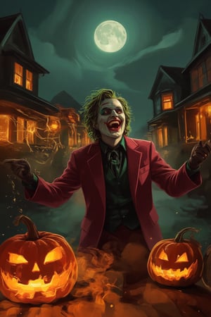 A haunting kunangkuning Halloween scene: A fog-shrouded Victorian street is bathed in an eerie orange glow from flickering Jack-o'-lanterns and dim lamps. The aurastroke Joker's menacing figure emerges, his purple suit stark against the misty backdrop. His twisted grin is illuminated by a glowing pumpkin as he prowls, his wild green hair and grotesque makeup giving him an otherworldly presence. Cobweb-covered houses loom in the distance, their windows adorned with eerie decorations. A full moon casts a cold glow above, as fog swirls around the Joker's feet. His maniacal laughter echoes through the quiet night, his chaotic energy blending with the spooky atmosphere.,