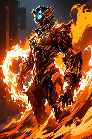 A futuristic Bobotflux,warrior stands confidently, wearing high-tech armor with intricate golden details, and round goggles reflecting blue light in redniji style. He wields swirling, vibrant flames that encircle his arms in fiery arcs. The scene is set in an industrial, slightly blurred background with warm, glowing tones. The intense lighting highlights the character's determined expression and the sleek, metallic texture of his armor, giving the image a sense of dynamic motion and powe,,Fantasy detailers 