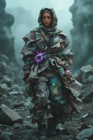 A powerful female figure with a hijab, adorned in sleek, high-tech hacker gear fused with bajukertas rugged sci-fi armor, stands in an apocalyptic landscape of fractured rocks and swirling cosmic mist. Her hijab, intricately detailed with glowing circuitry and cosmic threads, flows elegantly as she radiates a superheroic presence. Vibrant neon greens and deep metallic blues reflect off her armor, which features cracked, newspaper-like textures and luminous, fractal designs. The intense, high-contrast lighting highlights her determined expression, casting vibrant glows against the smoldering background. She embodies strength, grace, and technological prowess, appearing as a digital warrior in a world of chaos, with a surreal and otherworldly atmosphere.,RAW,