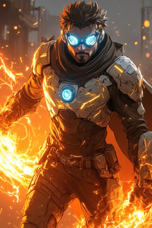 A futuristic Bobotflux,warrior stands confidently, wearing high-tech armor with intricate golden details, and round goggles reflecting blue light in faiya style. He wields swirling, vibrant flames that encircle his arms in fiery arcs. The scene is set in an industrial, slightly blurred background with warm, glowing tones. The intense lighting highlights the character's determined expression and the sleek, metallic texture of his armor, giving the image a sense of dynamic motion and powe,,Fantasy detailers,Fantasy detailers 