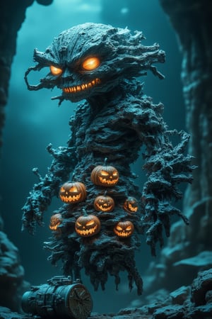 In a mist-filled underground cave, a massive, intricately designed bajukertas Halloween watermodel monster looms with a giant, glowing pumpkin head and a twisted, dead tree-like body. The soft, eerie light casts long shadows, adding to the hazy atmosphere. The monster’s body is adorned with glowing gears, tubes, and claw-like appendages, each casting a soft, spooky glow. At the bottom, a group of divers with a vintage diving bell observes the monster from a safe distance, hinting at a treasure-hunting expedition turned nightmare. In the foreground, a close-up of a strange, human-like hand shows each finger transformed into tiny, expressive Halloween pumpkins. Each finger sports a unique face, with one smiling, another frowning, a third showing surprise, and others pouting or whistling. The detailed features include lips, teeth, and tiny, playful tongues. The hand stands out against a simple, neutral background, adding a touch of humor and cuteness to this eerie, Halloween-themed scene.,