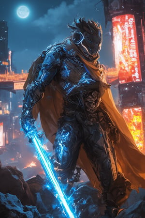 A low-angle shot captures a futuristic Bobotflux armored warrior standing tall amidst a cyberpunk cityscape at night. The warrior's glowing blue and orange armor design radiates faiya energy as he firmly grips his charged blue sword, reflecting vibrant neon lights from the city below. Harsh lighting accentuates the metallic surface, while blurred billboards and city lights in the background create a focused frame on the warrior's determined stance. Amidst this futuristic landscape, the neon-lit night sky shines bright, casting a mesmerizing glow over the scene.,,