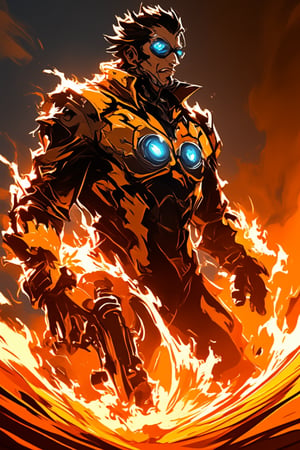 A futuristic Bobotflux,warrior stands confidently, wearing high-tech armor with intricate golden details, and round goggles reflecting blue light in redniji style. He wields swirling, vibrant flames that encircle his arms in fiery arcs. The scene is set in an industrial, slightly blurred background with warm, glowing tones. The intense lighting highlights the character's determined expression and the sleek, metallic texture of his armor, giving the image a sense of dynamic motion and powe,,Fantasy detailers 