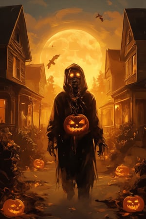 A haunting kunangkuning Halloween scene: A fog-shrouded Victorian street is bathed in an eerie orange glow from flickering Jack-o'-lanterns and dim lamps. A decaying zombie figure emerges, its ragged, tattered clothing stark against the misty backdrop. Its skin hangs in grotesque patches, revealing rotting flesh and bone underneath. The zombie's hollow, glowing eyes pierce through the fog, illuminated by a glowing pumpkin it carries, casting ominous shadows on its decayed face.Cobweb-covered houses loom in the distance, their windows adorned with eerie decorations. The streets are lined with fallen leaves and decaying decorations. A full moon casts a cold, ghostly glow above, as fog swirls around the zombie's feet. The sound of slow, dragging footsteps echoes through the quiet night, as the zombie's ghastly figure blends into the spooky atmosphere, exuding an overwhelming sense of dread. A faint moaning fills the air, as if the very essence of Halloween has come to life.