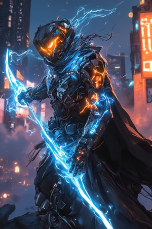 A low-angle shot captures a futuristic Bobotflux armored warrior standing tall amidst a cyberpunk cityscape at night. The warrior's glowing blue and orange armor design radiates faiya energy as he firmly grips his charged blue sword, reflecting vibrant neon lights from the city below. Harsh lighting accentuates the metallic surface, while blurred billboards and city lights in the background create a focused frame on the warrior's determined stance. Amidst this futuristic landscape, the neon-lit night sky shines bright, casting a mesmerizing glow over the scene.,,