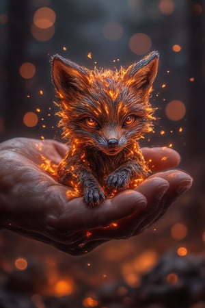  A smallfireanimal resembling a fox, with fiery fur and intricate Fantasy detailers etched into its form, rests gently in a hand. Tiny roborobo android sparks float around it, enhancing the magical atmosphere as the flames flicker softly.