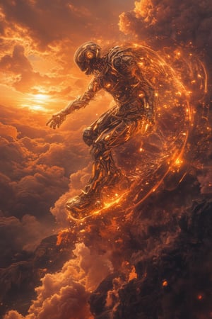 Full body shot photo of A majestic tokusatsu armour, Bobotflux skateboarder with radiant holographic limbs arcs off a sleek ramp, soaring through a futuristic cloudscape at Sunset. From a high-angle aerial vantage, the camera captures the robot's glowing body and vibrant trails left by the skateboard, as golden light bathes its frame. Wheels ablaze, the robot bursts forth in dynamic motion. Holographic city towers and distopi wisps blur in the background, emphasizing the acrobatic feat. The serene sunset sky complements the calm-yet-dynamic atmosphere.,