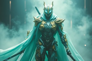 RAW, photorealistic image of Bobotflux fused with tennogen armour, creamic intricate design, superhero tokusatsu in teal and gold colour, releasing ethereal glow, glowing eyes,  swinging his swords elegantly, inside the mist, surreal