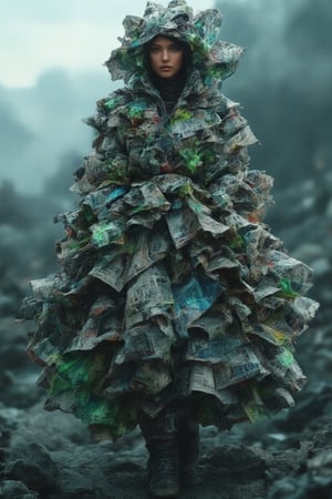 A powerful female figure with a hijab, adorned in sleek, high-tech hacker gear fused with bajukertas rugged sci-fi armor, stands in an apocalyptic landscape of fractured rocks and swirling cosmic mist. Her hijab, intricately detailed with glowing circuitry and cosmic threads, flows elegantly as she radiates a superheroic presence. Vibrant neon greens and deep metallic blues reflect off her armor, which features cracked, newspaper-like textures and luminous, fractal designs. The intense, high-contrast lighting highlights her determined expression, casting vibrant glows against the smoldering background. She embodies strength, grace, and technological prowess, appearing as a digital warrior in a world of chaos, with a surreal and otherworldly atmosphere.,RAW,