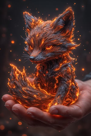  A smallfireanimal resembling a fox, with fiery fur and intricate Fantasy detailers etched into its form, rests gently in a hand. Tiny roborobo android sparks float around it, enhancing the magical atmosphere as the flames flicker softly.