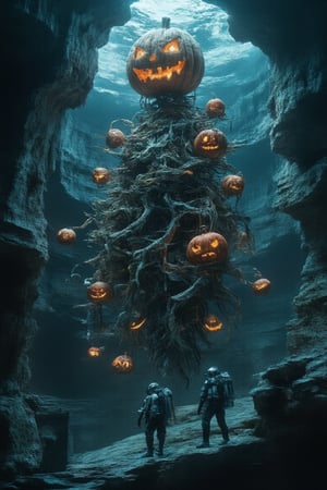 In a mist-filled underground cave, a massive, intricately designed bajukertas Halloween watermodel monster looms with a giant, glowing pumpkin head and a twisted, dead tree-like body. The soft, eerie light casts long shadows, adding to the hazy atmosphere. The monster’s body is adorned with glowing gears, tubes, and claw-like appendages, each casting a soft, spooky glow. At the bottom, a group of divers with a vintage diving bell observes the monster from a safe distance, hinting at a treasure-hunting expedition turned nightmare. In the foreground, a close-up of a strange, human-like hand shows each finger transformed into tiny, expressive Halloween pumpkins. Each finger sports a unique face, with one smiling, another frowning, a third showing surprise, and others pouting or whistling. The detailed features include lips, teeth, and tiny, playful tongues. The hand stands out against a simple, neutral background, adding a touch of humor and cuteness to this eerie, Halloween-themed scene.,