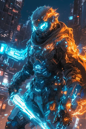 A low-angle shot captures a futuristic Bobotflux armored warrior standing tall amidst a cyberpunk cityscape at night. The warrior's glowing blue and orange armor design radiates faiya energy as he firmly grips his charged blue sword, reflecting vibrant neon lights from the city below. Harsh lighting accentuates the metallic surface, while blurred billboards and city lights in the background create a focused frame on the warrior's determined stance. Amidst this futuristic landscape, the neon-lit night sky shines bright, casting a mesmerizing glow over the scene.,,