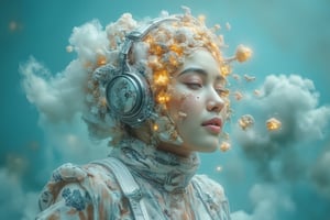 A surrealistic portrait of akak, a stunning surreallofi woman with a headset, levitates serenely amidst a veil of cloudy mist. Soft focus captures her ethereal features, illuminated by an otherworldly glow. The misty background, painted with hues of blue and gray, creates a dreamlike atmosphere, as if she's floating in a realm between reality and fantasy.