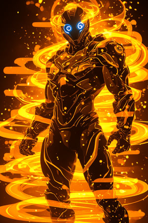 In a gritty, industrial backdrop with warm, glowing kunangkuning hues, Bobotflux, the futuristic warrior, stands tall, exuding confidence. His high-tech armor gleams with intricate golden details, while round goggles reflect blue light in a faiya style. Swirling flames encircle his arms in fiery arcs, as he assumes a determined pose. The intense lighting accentuates his resolute expression and the metallic sheen of his armor, conveying dynamic motion and power.,Fantasy detailers,Fantasy detailers 