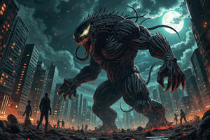 In a desolate urban BatikPattern landscape bathed in sickly moonlight, a behemoth venomstroke Venom emerges, its grotesque body a twisted amalgamation of dark, slimy tendrils and jagged scales. The creature's razor-sharp fangs glint menacingly as it stalks through the ravaged cityscape, crushing skyscrapers beneath its colossal form like an urban juggernaut, leaving a trail of devastation and chaos in its wake.,