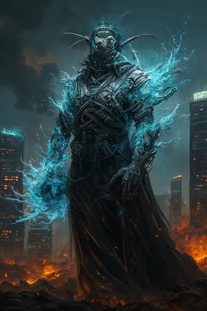  A futuristic skyline of a dystopian metropolis, illuminated by flickering neon signs and holograms, with shattered glass and heaps of debris scattered across the landscape.
Bobotflux robot fused with ,distopi Sandman, a cybernetically enhanced metahuman, stands stoically, metallic veins running along his arms. His hands release a violent surge of glowing, swirling cybernetic sands, a mix of bright turquoise and electric orange.His eyes flicker with neon blue light, matching the city's faded glow, while the sharp, angular lines on his face highlight his rugged, yet futuristic, appearance.The neon lights cast long, eerie shadows as his swirling sands cut through the air, creating a surreal yet gritty ambiance.