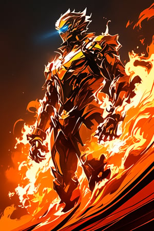 A futuristic Bobotflux,warrior stands confidently, wearing high-tech armor with intricate golden details, and round goggles reflecting blue light in redniji style. He wields swirling, vibrant flames that encircle his arms in fiery arcs. The scene is set in an industrial, slightly blurred background with warm, glowing tones. The intense lighting highlights the character's determined expression and the sleek, metallic texture of his armor, giving the image a sense of dynamic motion and powe,,Fantasy detailers 